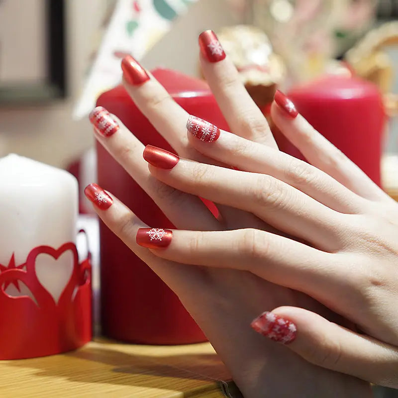 50+ Festive Holiday Nail Designs & Ideas : Shimmery Pink Snowflake + Red  Nails